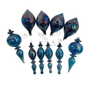 Blue Iridescent Ornaments Hand Blown Glass Christmas Tree Set of 10  5-7”T Mixed